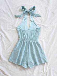 Soleia 女士度假白色纹理 V 领前部和蝴蝶结后部休闲连体裤，百搭适合海滩、音乐节、夏季波西米亚风格 - 淺藍色 - 查看 2