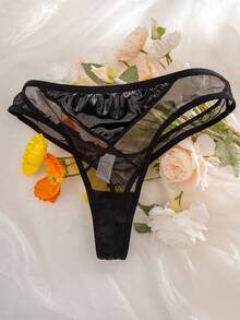 AltCore 2pcs Women's PU Leather Contrast Mesh Comfortable Wireless Triangle Cup Bra And Thong Set - Black - View 5