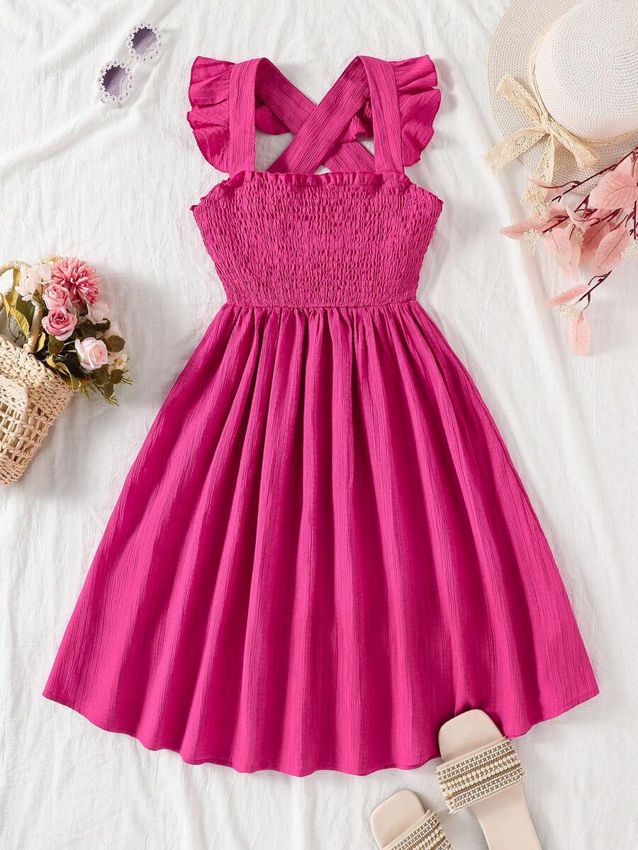 少女休闲优雅学院风连衣裙，绿色无袖褶皱A字裙，带蝴蝶结和交叉后背绑带，适合外出、度假、上学、春夏穿着。 - 玫紅色 - 查看 1