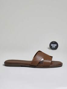 SHUZIA 宽版女式奢华风格露趾露趾简约棕榈印花PU深橄榄色拖鞋 - 加大码舒适