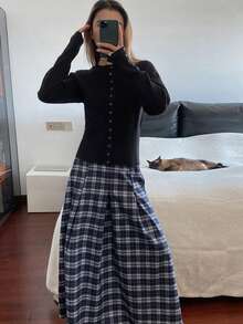 DAZY Women's Solid Color Fitted Long Sleeve Round Neck Elegant Casual Knit Cardigan, Spring/Autumn - Black - View 3