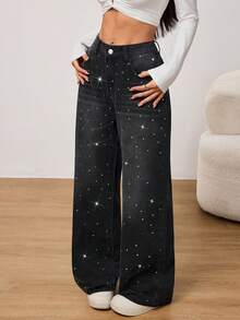 SHEIN PETITE Winter Summer Women's Casual Vacation Party Distressed Rhinestone Embellished Wide Leg Comfortable Black Washed Straight-Leg Jeans - Black - View 2