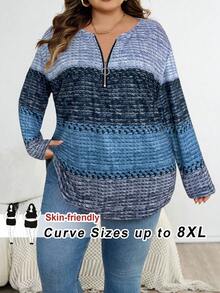 SHEIN CURVE+ Áo thun cổ bẻ màu nâu Giáng sinh cỡ lớn dành cho nữ, áo thun chủ đề Giáng sinh dành cho nữ, quần áo thu/đông cỡ lớn - Màu xanh lam - Xem 1