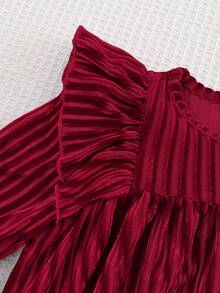 Cozy Pixies Baby Girl Solid Color Knitted Soft Round Neck Ruffle Hem Waist Dress - Burgundy - View 4