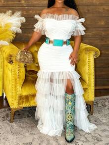 Veslaya 2025春夏新款大码女装弹力腰波西米亚风薄纱荷叶边露肩褶裥鱼尾裙摆优雅连衣裙 - 适合音乐节、复活节、波西米亚风活动、纳什维尔风格场合、生日派对、毕业典礼、学生休闲装、休闲、度假、邮轮旅行 - 白色 - 查看 3