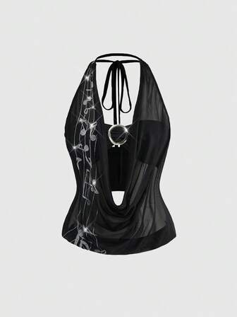 J-Fashion ملابس علوية نسائية بياقة حلقية مرصعة بالراين بدون أكمام