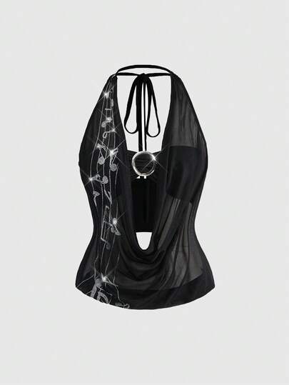 J-Fashion Women's Rhinestone Embellished Halter Neck Sleeveless Top