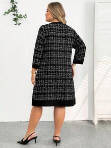 SHEIN CURVE+ 大码女式格子圆领七分袖纽扣设计休闲连衣裙粗花呢连衣裙女式黑色职业连衣裙女式秋季服装女式冬季服装新年连衣裙/2026/新年 - 黑色 - 查看 2