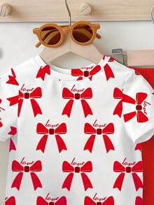 SHEIN Playful Pals 1 Set Baby Girls Casual Fashion Cute Bow Graphic Print Round Neck Short Sleeve T-Shirt And Flare Pants Outfit, Red - Multicolor - View 6