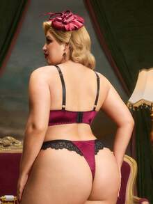 PinupPomp Plus Size Sexy Lingerie Set, Black Lace & Wine Red Satin Patchwork With Underwire, Retro Palace Style - Black - View 2