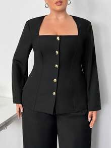 Truni Áo khoác Blazer cổ vuông tay dài cỡ lớn dành cho nữ, thắt eo, đính nút kim loại, phù hợp cho mùa thu/đông - màu đen - Xem 9