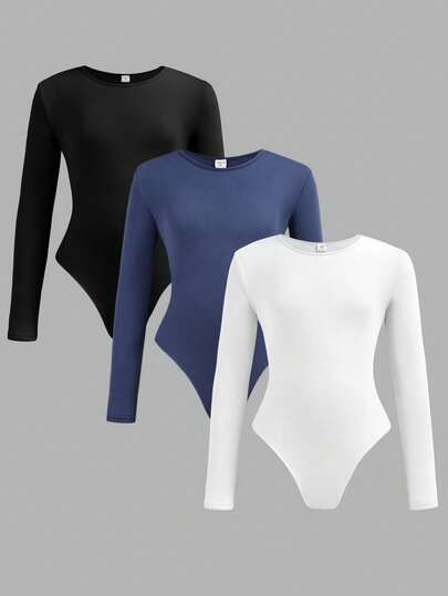 3pcs Tween Girls Casual Homewear Basic Minimalist Crew Neck Long Sleeve Bodysuit Set, High Stretch Thermal Lined Ribbed Knit Solid Color Bodysuit, Black/White/Navy, Suitable For Leisure & Sports