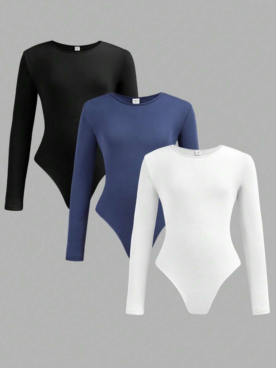 3件套少女休闲家居服基本款简约圆领长袖连体衣套装，高弹保暖罗纹针织纯色连体衣，黑/白/藏青色可选，适合休闲和运动穿着 - 彩色 - 查看 1