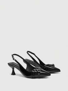 CUCCOO BIZCHIC 女士尖头细高跟黑色后跟多带时尚通勤百搭女士高跟穆勒鞋 - 黑色 - 查看 4