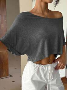 Muchica 1pc Women's Charcoal Gray Knitted Oversized Batwing Sleeve T-Shirt