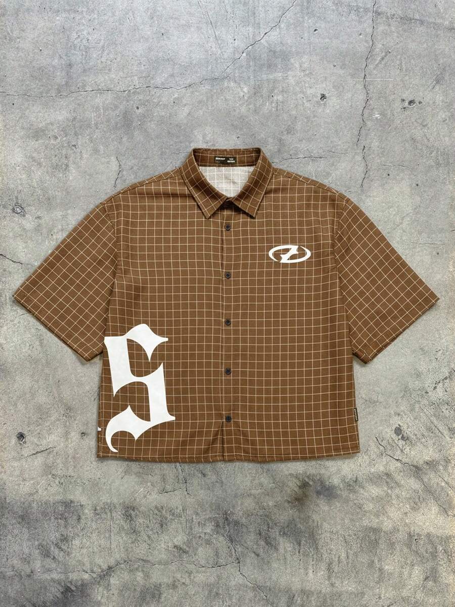 AXEPEAK 男士宽松字母格子印花短袖梭织衬衫 - 棕色 - 查看 1