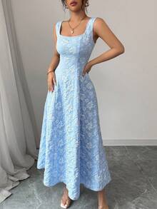 Vestido elegante vintage de cuello cuadrado con estampado jacquard para mujer,Diseño sin mangas,Vestido con relieve floral,Vestido elegante para mujer - Azul - Ver 4