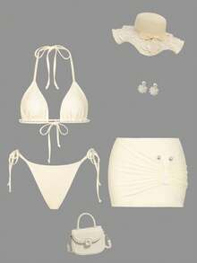 SHEIN Swim Women's Off-White Shiny Fabric V-Neck Halter Bikini Top,Thong Panty&Asymmetric Hem Mini Skirt 3-Piece Swimwear Set,Summer Casual Vacation Holiday Suit - Beige - View 7