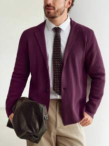 Manfinity Homme 男士纯色翻领长袖休闲针织开衫，秋冬款 - 酒紅色 - 查看 6