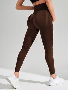 SHEIN 孕妇纯色高腰日常健身紧身裤 - 棕色 - 查看 3