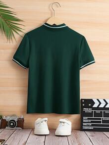 SHEIN Little Byeori 男童纯色短袖翻领Polo衫 - 墨綠色 - 查看 2