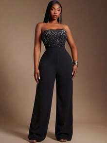 Radiana Bộ đồ liền thân lưới đính đá Rhinestone cỡ lớn mới dành cho nữ, trang phục dự tiệc gợi cảm - màu đen - Xem 2