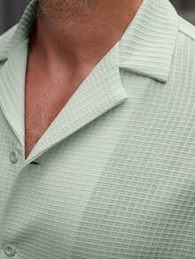 Manfinity Homme Men's Plaid & Solid Color Jacquard Short Sleeve Shirt + Drawstring Elastic Waist Pants, Essential Outfit For Men In Summer - Mint Green - View 6