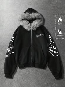ROMWE MEN Street Life 男士印花保暖连帽卫衣，带毛领，秋冬季 - 黑色 - 查看 4