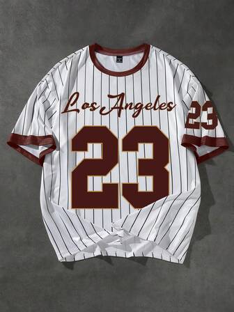 Manfinity EMRG Men's Vintage Striped Round Neck T-Shirt With Number 23 Print