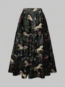 ROMWE Fairycore 3-Layer Vintage Floral Print Retro Skirt For Women - Black - View 2