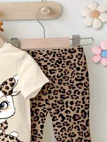 1 Set Baby Girls Lovely Rabbit Ear Leopard Print Round Neck Short Sleeve T-Shirt And Brown Knit Leggings Cute Outfit, Leopard Print T-Shirt Set, Cartoon Rabbit Print Clothing