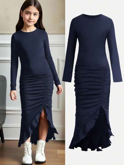 SHEIN 少女休闲优雅圆领长袖不规则下摆荷叶边修身纯色针织连衣裙，藏蓝色，适合万圣节派对、居家、户外、学校、聚会等场合。