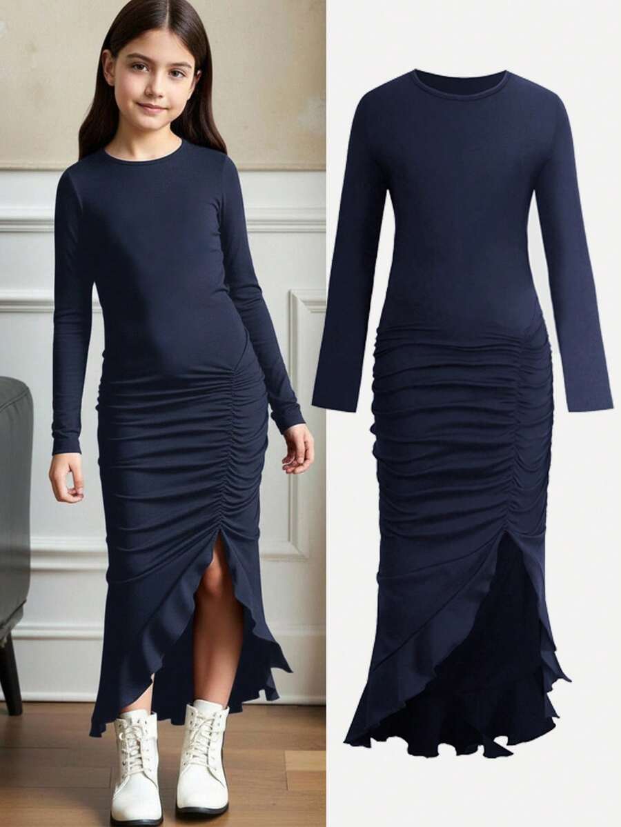 SHEIN Tween女孩秋冬休閒時尚優雅圓領長袖不對稱下擺荷葉邊高開衩修身針織純色長洋裝 海軍藍 適合萬聖節派對、居家、外出、學校聚會 - 藏蓝色 - 查看 1