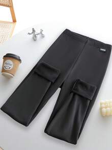 Franclia 女士纯色修身打底裤，带字母标签，连脚，紧身，黑色保暖内衬打底裤，鲨鱼裤，瑜伽裤，黑色保暖内衬长裤，可作外穿，连裤袜。 - 黑色 - 查看 3