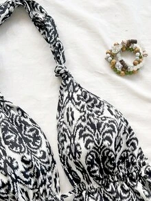 Soleia Women's Allover Print Halter Backless Sleeveless Mini Dress Summer Dress Vacation Women Sundress Summer Beach Sundress Swimsuit Dress For Women Women Vacation Dress Boho Dress Halter Dress - Black and White - View 5