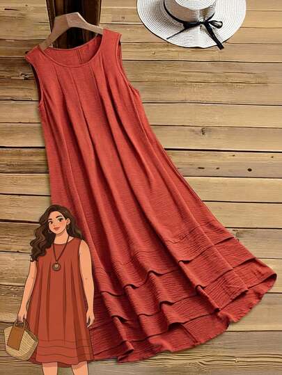 Rusticease Plus Size Burning Orange Sleeveless Front Collar Pleated Design Double-Layer Ruffle Hem Splicing Front Short Back Long Loose Round Neck A-Line Dress Country Vacation Bohemian Suitable For Spring And Summer Tunic