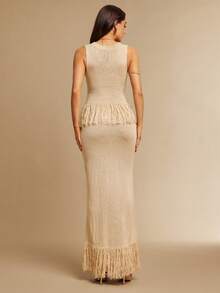 Silquee 时尚简约无袖流苏修身针织连衣裙 - 杏色 - 查看 2