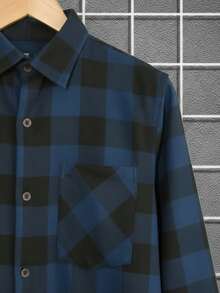 Camisa masculina estilo vintage cuadritos americana, algodón cómodo y suave, sin estampado, corte holgado, de manga larga, ideal para otoño e invierno, fácil de combinar en uso diario y casual - Azul - Ver 4