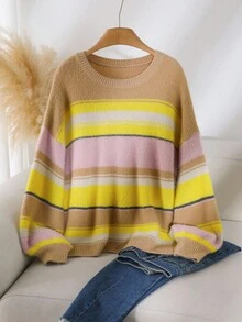CosyJoli Suéter informal de cuello redondo con parches de rayas multicolor en tallas grandes, suéter a rayas rosa y amarillo, suéter a rayas para mujer, jersey a rayas para mujer, suéter de bloques de color para mujer, suéter de bloques de color, suéter a rayas esponjoso para mujer - Multicolor - Ver 4