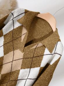 CosyJoli Große Größen Rhombus Muster Farbblock Lässiger Langarm Pullover Sweater Herbst Winter Kleidung für Frauen