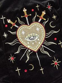 ROMWE Plus Size Women Gothic Lolita Style Heart Embroidery Rhinestone Crystal Teardrop Star Decor Square Neck Lace-Up Camisole Crop Top - Black - View 2