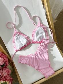 Swim Mod 两件套纯色及随机印花网纱荷叶边三角比基尼上衣和高腰荷叶边泳裤性感泳装套装，春夏情人节荷叶边比基尼粉色比基尼格子比基尼方格比基尼 - 粉色 - 查看 2