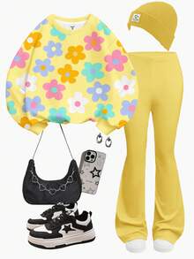 Tween Girls Butter Yellow,Autumn,Cute Flower Pattern Sweatshirt And Flare Pants Set,Back-To-School School Outfits Casual Loose Crew Neck Fall Clothes - White - View 3