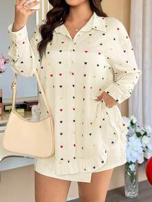 Vionelle Plus Size Women Valentine's Day Heart Print Ruffle Hem Long Sleeve Blouse, Spring/Autumn - Apricot - View 3