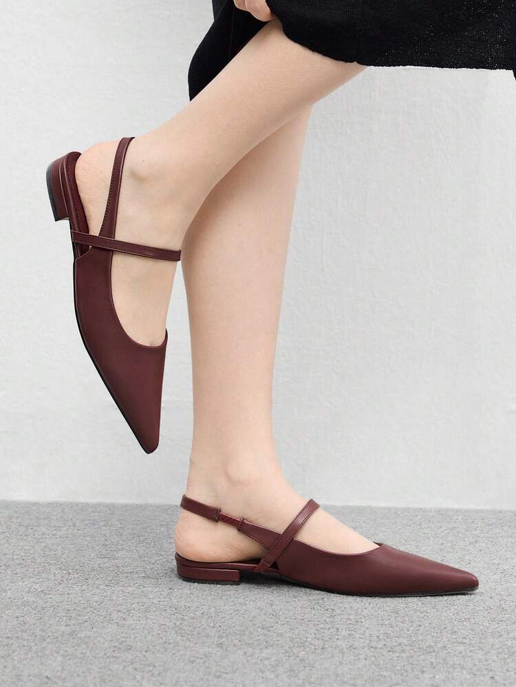 CUCCOO BIZCHIC Women's Pointed Toe Flat Shoes With Ankle Strap, Burgundy Color, Comfortable Slingback Flats For Daily Wear, Commuting And Work For Christmas