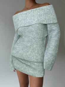 Aloruh Grey Off-Shoulder Turtleneck Long Sleeve Mini Dress, Loose Top Tight Bottom, Suitable For Young Ladies, Autumn/Winter - Green - View 6