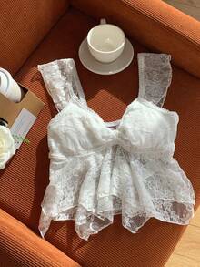 SHEIN EZwear 优雅白色蕾丝不对称下摆女式T恤，夏季 - 白色 - 查看 3