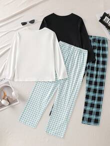 Conjunto de pijama casual de 4 piezas con parte superior de manga larga y pantalones, con estampado a cuadros y unicolor, adecuado para niños y jóvenes en primavera/otoño