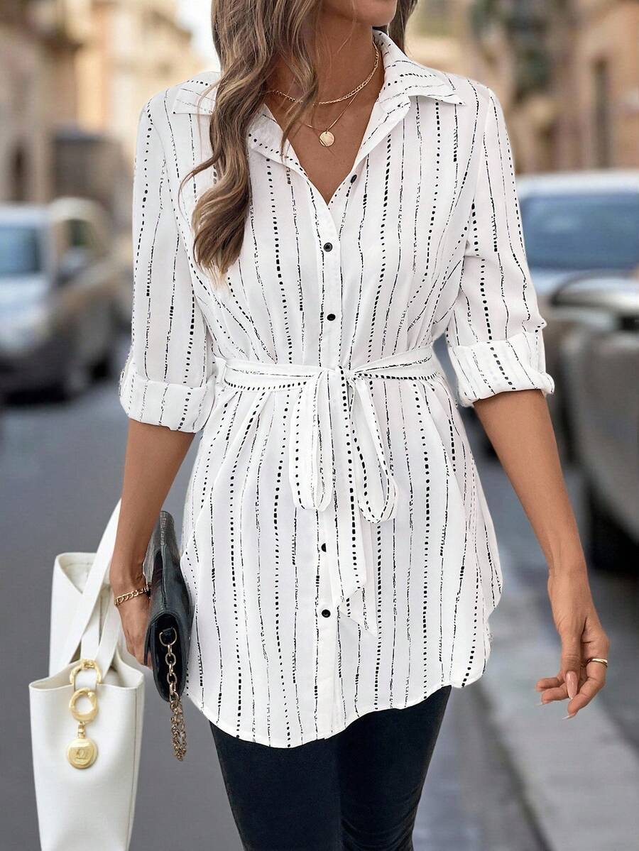 Editum Winter Elegant Women's Long Sleeve White&Black Asymmetric Stripe Print Rolled Tab Sleeve Self Belted Shirt - Multicolor - View 1