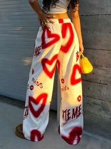 Rovax Women's Letter & Heart Print Drawstring Waist Wide Leg Casual Sweatpants